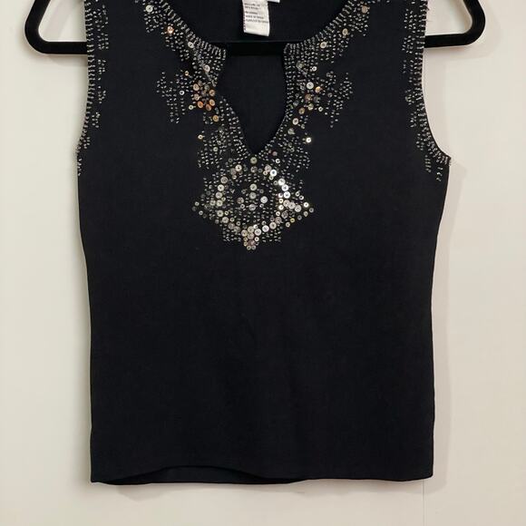 Vintage S 1990s tank top beaded sequin evening party cocktail black silver - Picture 3 of 7